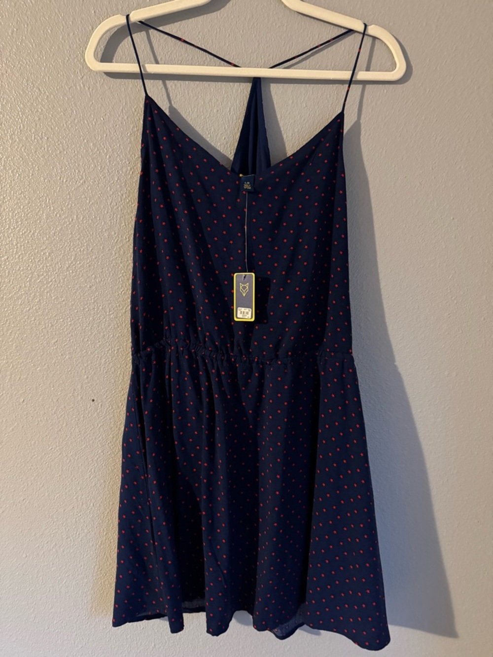 Fox Navy Mini Dress with Red Dot Pattern and Crossback Straps